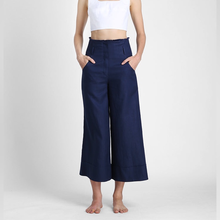 Biasa Linen Blue Denim Chambray Aita Wide Leg Pants Jeans Medium